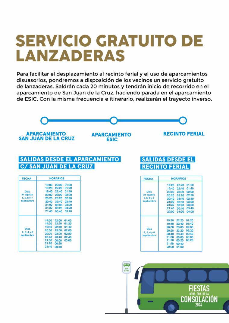 Estas son las lanzaderas hasta el nuevo recinto ferial y un servicio de autobuses de vuelta a casa durante los días de fiestas patronales