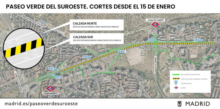 La capacidad de la A-5 se reduce a la mitad desde el miércoles 15 de enero para iniciar el grueso de las obras del Paseo Verde del Suroeste